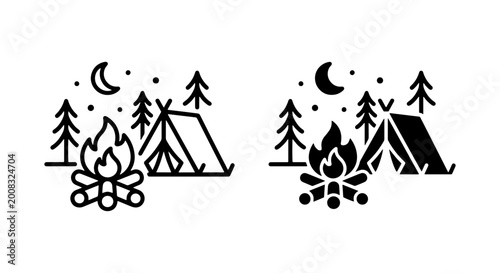 Fotografía Camping Scene Icons: Campfire, Tent, Trees, Moon, Night Sky, Outdoor Adventure