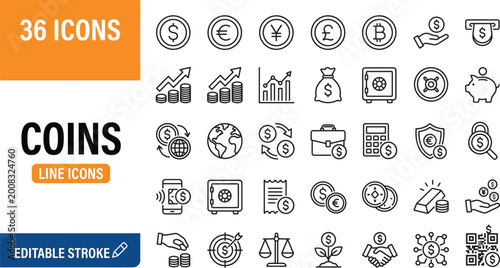 Cuadro en lienzo Coins and Currency Line Icon Set with Money Symbols Finance Investment Banking a