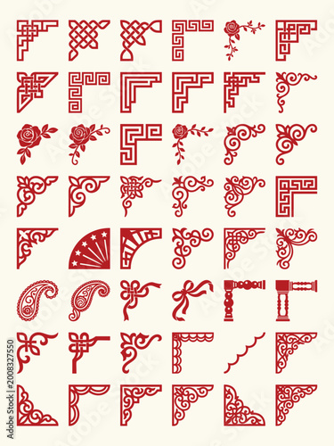 Red ornamental corner designs decorative vector illustration set on white background high-quality professional detailed modern