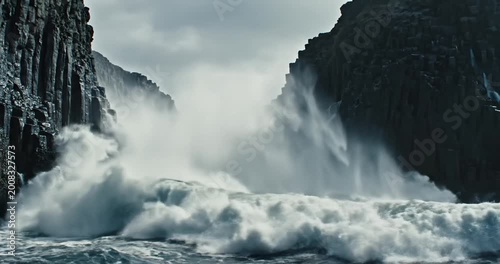 Powerful ocean waves crashing against rugged cliffs under a stormy sky, creating dramatic scenery