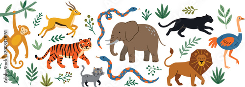 Canvas Print Wildlife Animal Illustration Set with Jungle Creatures, Cats, Tigers, Elephants,