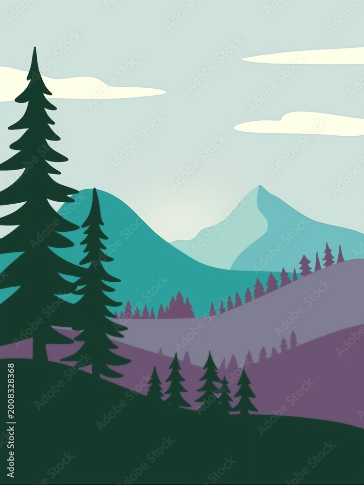 Fototapeta premium Minimalist flat vector landscape of mountains and pine forest at sunset.