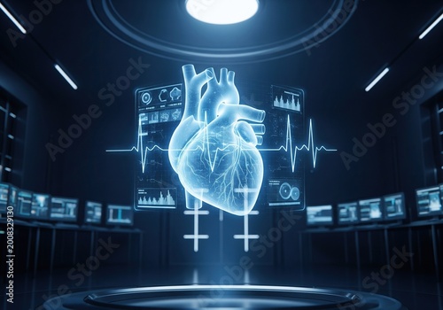 Holographic human heart with vital signs displayed on futuristic medical interface