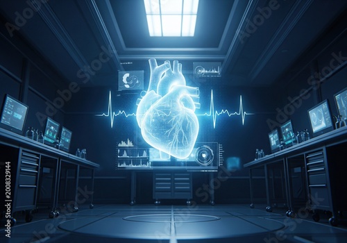 Holographic heart hologram displays vital signs and medical data in a futuristic laboratory
