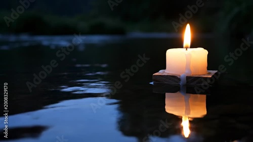 A serene candle floats on water.