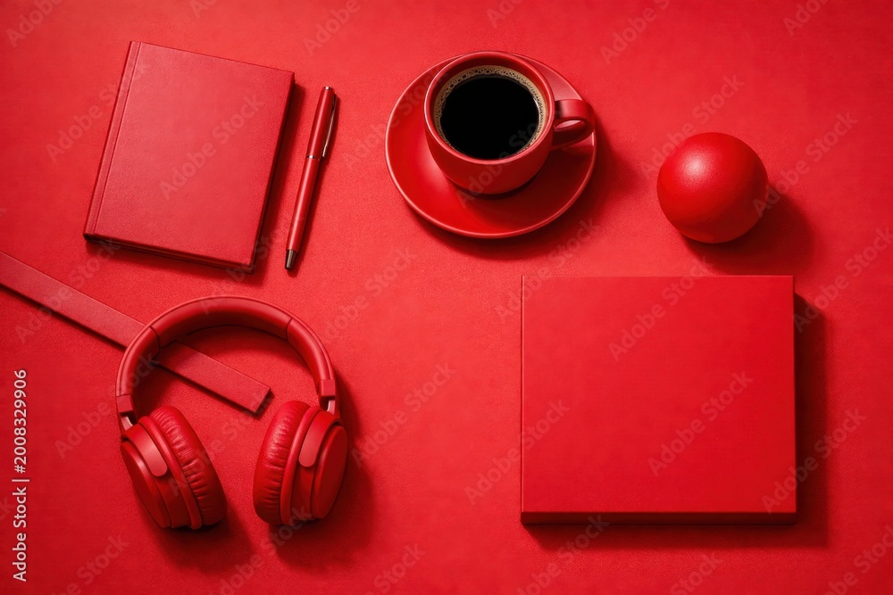 Vibrant red objects arranged neatly on a monochromatic background for a striking visual