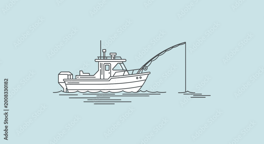 Obraz premium Fishing boat with rod and line in the ocean, minimalist line art illustration