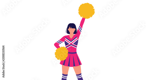 Young cheerleader in vibrant pink and purple uniform holding yellow pom-poms high in spirited pose against a clean white background.