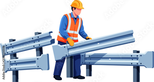 Construction worker assembling metal guardrails for a highway project vector can Editable