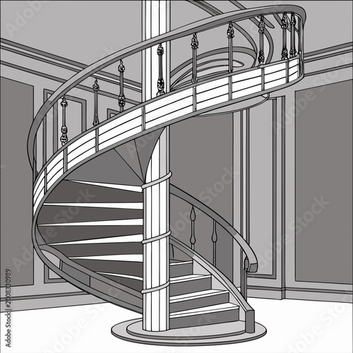 Konstfotografi Elegant ornate spiral staircase with decorative balusters and railings in a clas
