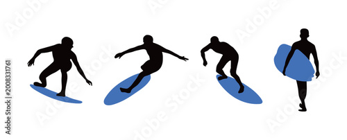 Photography Set of surfer silhouettes in various action poses with blue surfboards