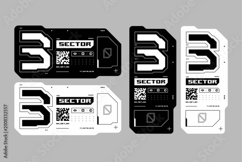 Cyberpunk techwear labels with sector text and futuristic geometric elements for streetwear design