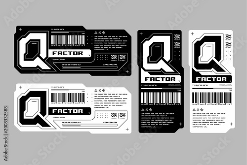 Cyberpunk techwear label design with factor text and barcode for futuristic clothing and apparel
