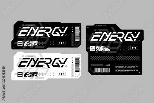 Futuristic energy techwear labels with cyberpunk typography and barcode elements for streetwear design