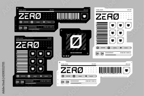 Cyberpunk techwear labels with zero text and pixel skull icons for futuristic streetwear design