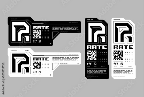 Cyberpunk techwear labels with RATE text and QR code for futuristic streetwear and apparel design
