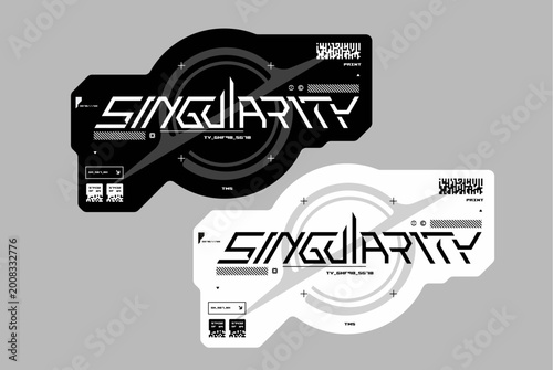 Futuristic singularity techwear labels with cyberpunk typography and black hole graphic