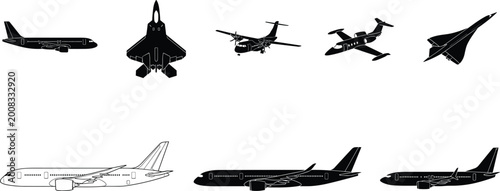 Quadro em tela Airplane silhouettes collection including passenger jet fighter aircraft turbopr