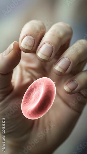 Human hand displaying an erythrocyte, conceptualizing iron deficiency anemia, a significant hematological blood disorder affecting global health and cellular metabolism