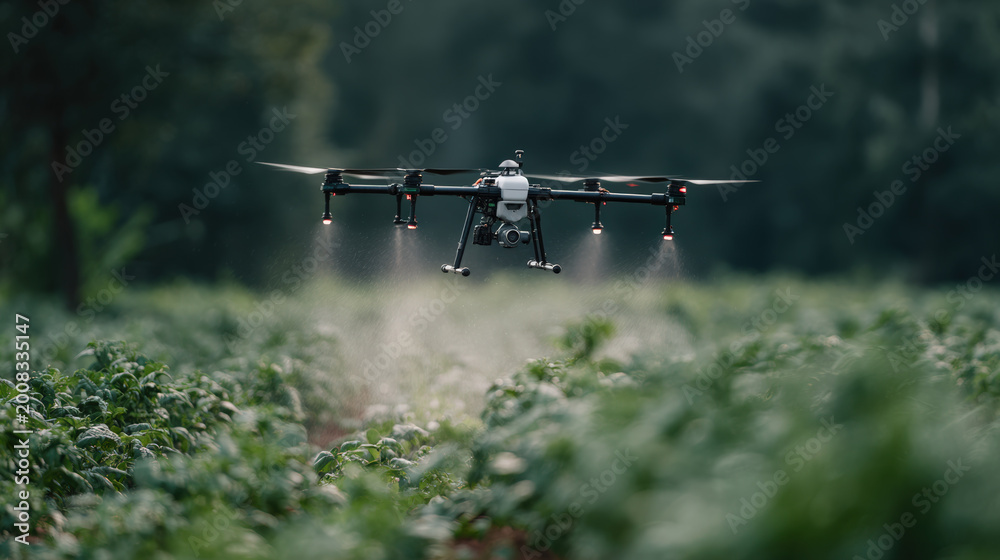 Fototapeta premium Agricultural drone spraying crop field, precision farming technology for smart agriculture