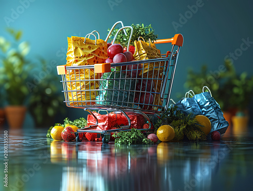 Dazzling Close-up of Christmas presents in shopping cart over blue background