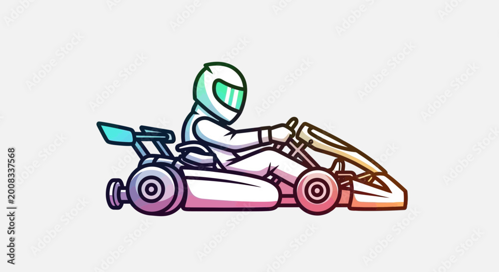 Obraz premium Cartoon Go Kart Racer in White Suit and Helmet on White Background