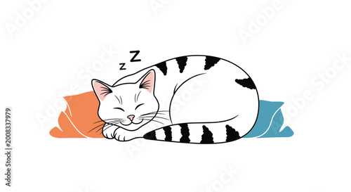 Cute white cat with black stripes curled up and sleeping soundly on soft colorful pillows in a cozy home environment.
