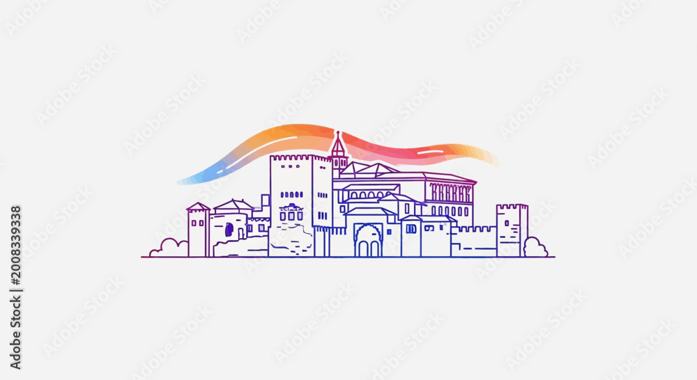 Fototapeta premium Alhambra Palace Granada Spain Outline Illustration Colorful Gradient Sky