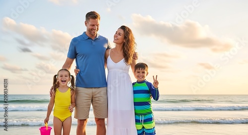 Happy family posing on sandy beach with ocean in background