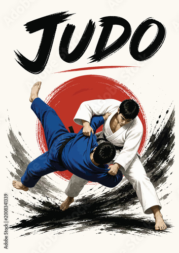 Bilde på lerret 082-50-Two judoka performing a throw against a japanese rising sun and brush str
