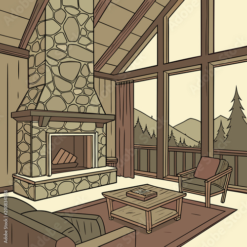 Fotografía Cozy rustic cabin interior with stone fireplace interior fireplace livingroom mo