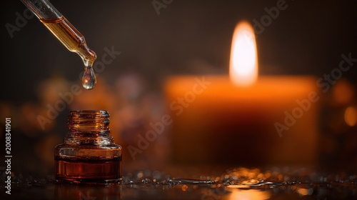 aromatherapy essential oil dropper over lit candle for relaxation and wellness in warm ambient lighting