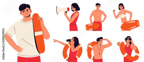 Foto Flat vector illustration set of lifeguards and beach safety characters with rescue equipment