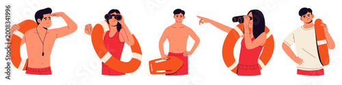 Fotografía Flat vector illustration set of lifeguards and beach safety characters with resc