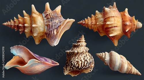 Various sea shells displayed on dark studio background