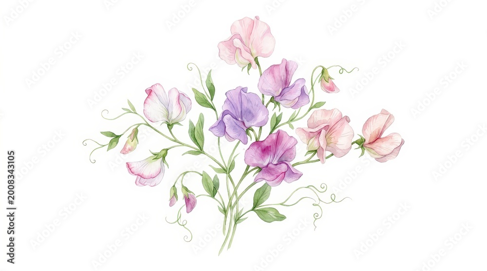 Fototapeta premium Delicate Watercolor Illustration of Sweet Pea Flowers in Soft Pink and Purple Shades
