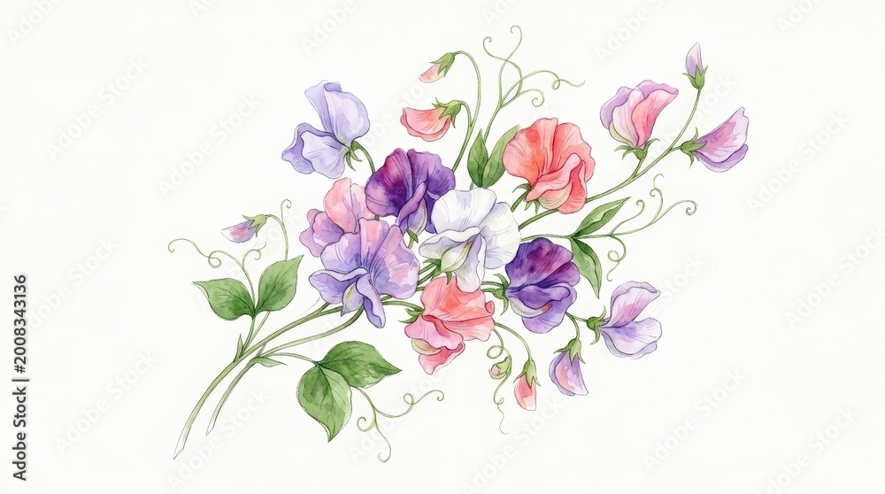 Fototapeta premium Vibrant Floral Arrangement with Sweet Peas and Delicate Greenery on Soft White Background