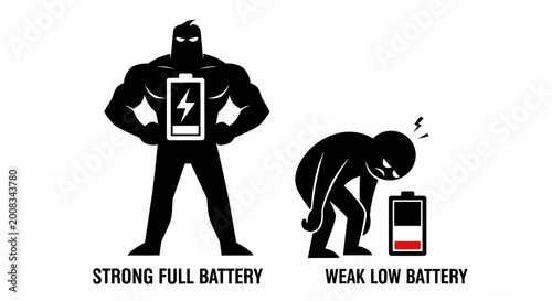 Superhero versus weakling with battery icons
