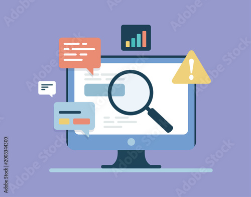 Website Analysis with Search Magnifier and Warning Alert – SEO Audit Digital Marketing Vector