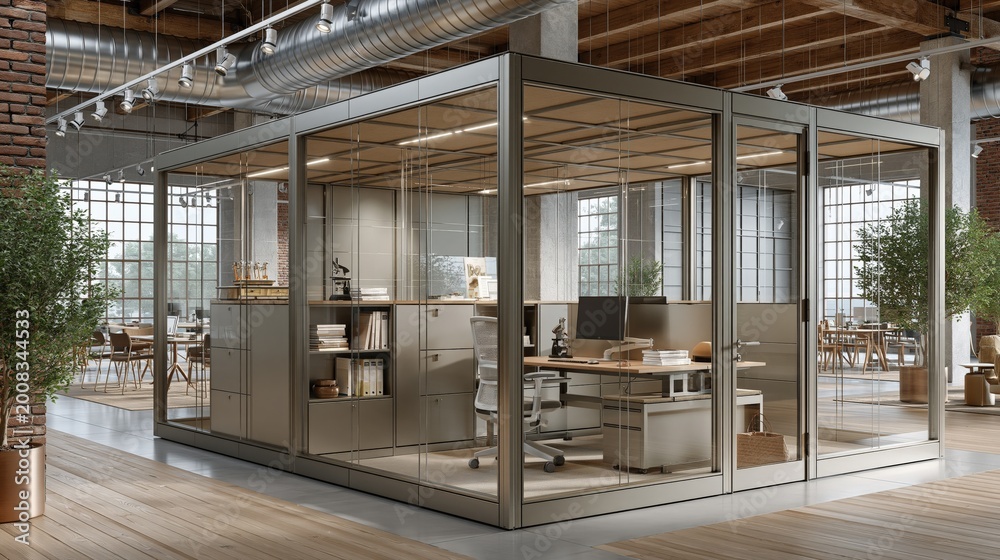 Fototapeta premium Modern Glass Office Pod and Meeting Room with Industrial Loft Interior Design