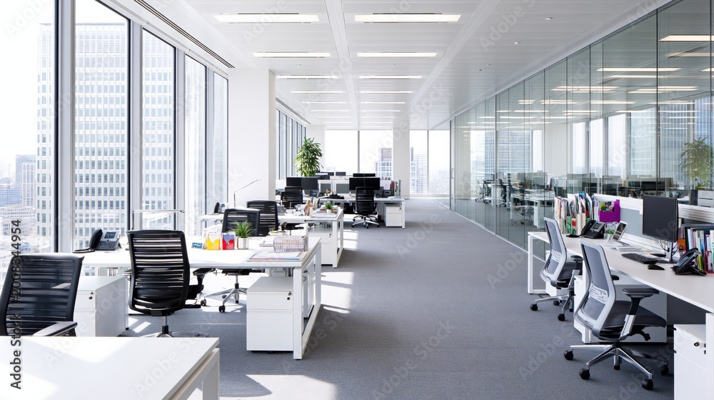 Fototapeta premium Modern Bright Open Plan Office Space with Desks, Chairs, and City Views