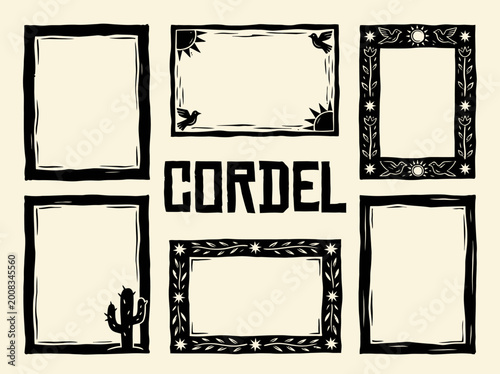 Photos Set of Brazilian Cordel Style Woodcut Frames and Borders, Hand-Drawn Linocut Fol