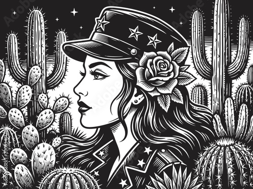 Foto Vintage Woodcut Style Illustration of a Chicana Woman with Rose and Starred Cap