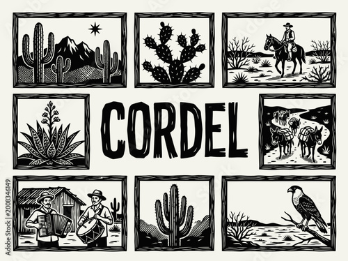 Photos Brazilian Cordel Folk Art Woodcut Style Illustration Set, Northeast Sertão Lands