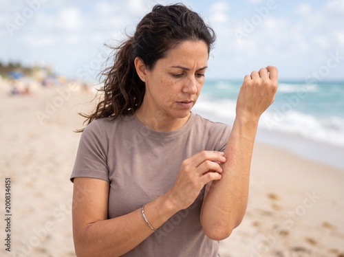 Mid adult woman examining an itchy forearm on a sandy beach for health awareness skincare and suncare background imagery