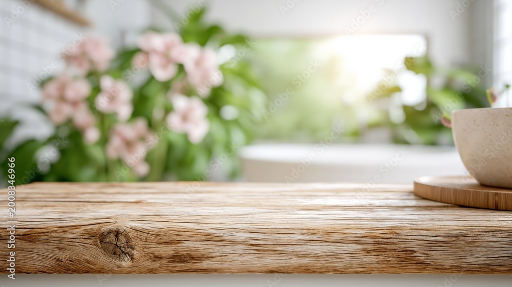 Fototapeta premium Rustic Wooden Tabletop with Softly Blurred Floral and Greenery Background, Natural Light