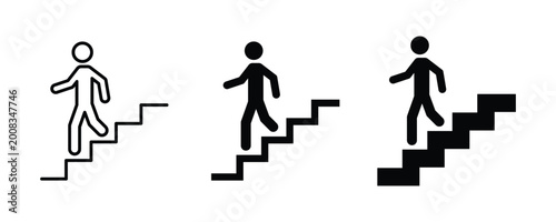 Stairs icon set. Man on the stairs icon. Man climbing stairs icon. Walking down the staircase or stairs. Climb down the stairs sign