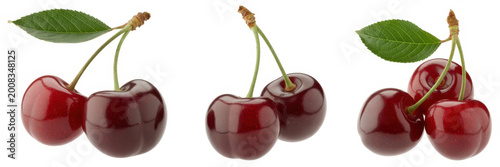 Three clusters of fresh red cherries with green leaves isolated on a white background