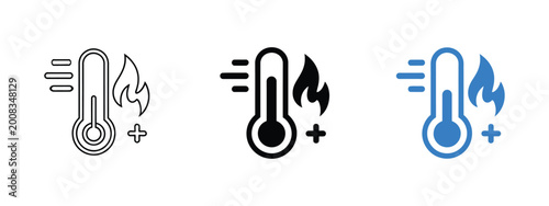 Foto High temperature thermometer icon, hot heat indicator symbol, flame energy warni