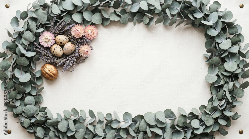 Obraz premium Speckled quail eggs with dried flowers inside a beautiful eucalyptus leaf wreath